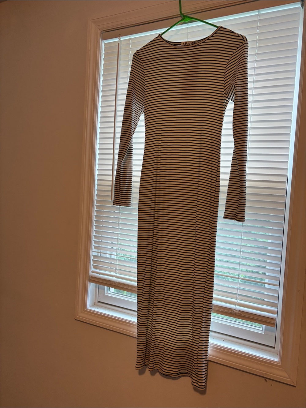 Classic Black & White Striped Long Sleeve Midi Dress